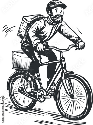 Black and white illustration of a bearded man wearing a helmet riding a bicycle with a backpack and delivery box