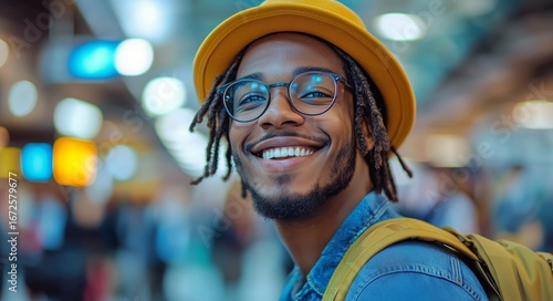 Smiling Young Man With Glasses and Yellow Hat Enjoying His Time at a Bustling...