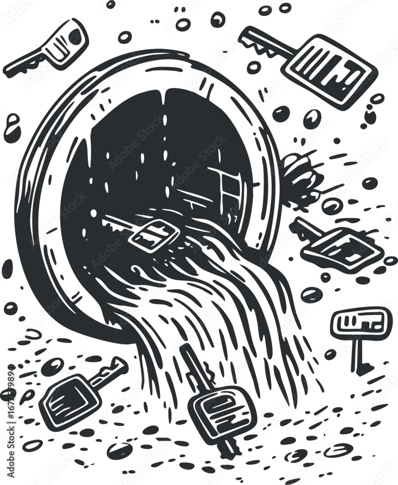 Obraz premium Black and white illustration of water flowing out of a drainpipe with keys and debris floating around