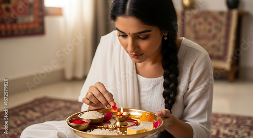 Woman in white dress preparing a puja thali with diya, rice, sweets, and rakhi for a hindu festival