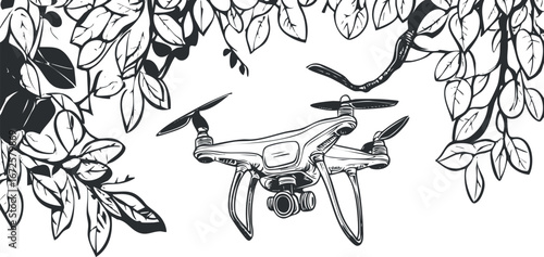 Black and white illustration of a drone with camera flying among tree leaves and branches outdoors