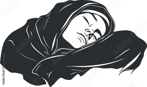 Black and white illustration of a woman sleeping peacefully with head resting on arm and a headscarf covering her head.