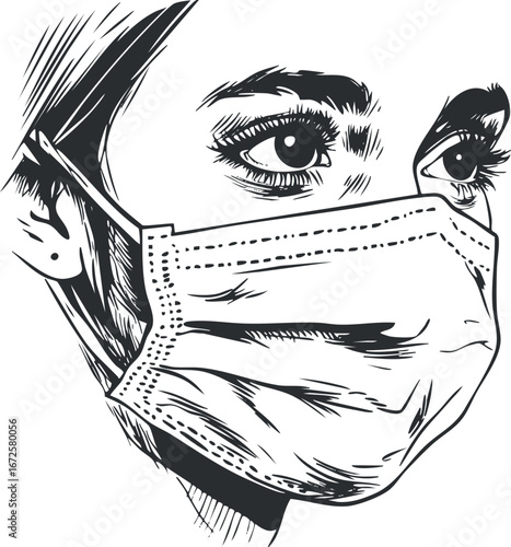 Black and white vector illustration of woman's face wearing a protective medical mask for health safety and disease prevention.