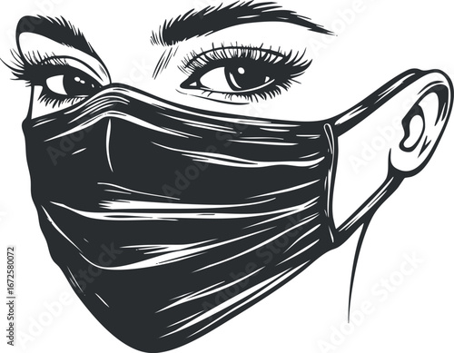 Illustration of a woman wearing a protective face mask covering mouth and nose for health safety