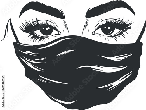 Black and white illustration of a woman's eyes and eyebrows with a protective face mask covering the lower face