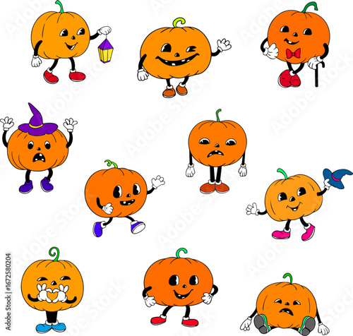 Set of 10 Colorful Pumpkins Rubber Hose Style