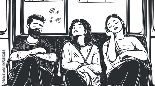 Three people sitting and resting inside a public subway train during commute, monochrome illustration.
