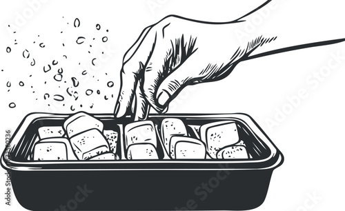 Black and white illustration of a hand placing bread dough pieces in a baking tray for preparation