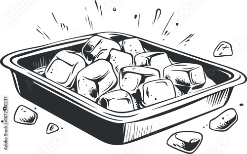 Black and white illustration of ice cubes in a rectangular tray used for cooling drinks.