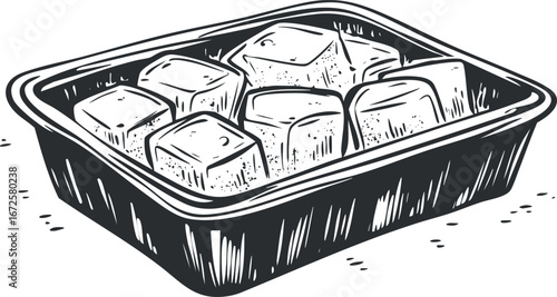 Black and white illustration of a tray filled with ice cubes, perfect for cooling drinks