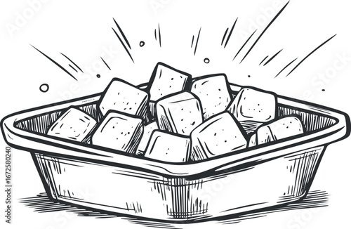 Black and white illustration of a bowl filled with sugar cubes, perfect for cooking and baking concepts
