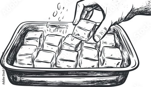 Hand placing an ice cube into a tray filled with ice cubes with water pouring over them in a black and white sketch style