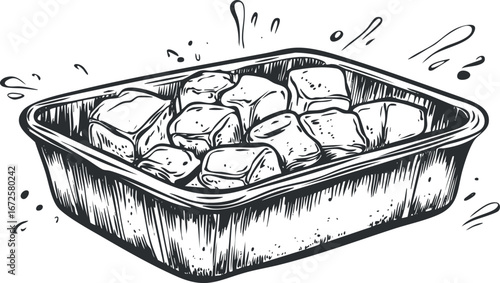 Hand drawn illustration of a tray filled with ice cubes representing cold and refreshing drink cooling
