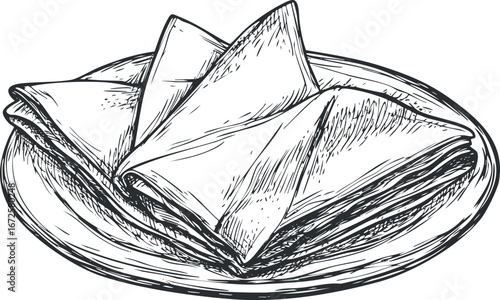 Hand-drawn illustration of folded napkins neatly arranged on a plate for table setting