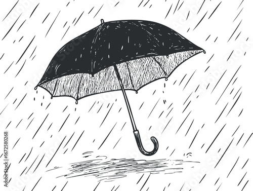 Black umbrella open in the rain protecting from raindrops with water dripping and puddle underneath