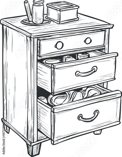 Hand-drawn sketch of a wooden dresser with open drawers and various containers on top for storage and organization