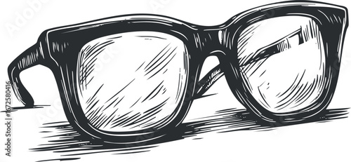 Black and white hand drawn illustration of vintage eyeglasses with thick frames and clear lenses