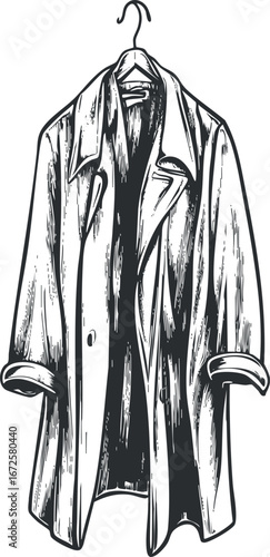 Black and white sketch of a coat hanging on a hanger illustrating outerwear fashion and clothing
