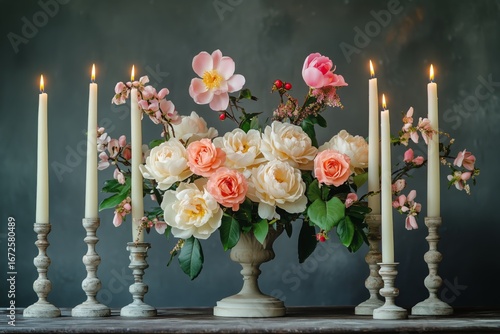 Romantic Candle Arrangement With Roses on a Dark Background for a Peaceful At...