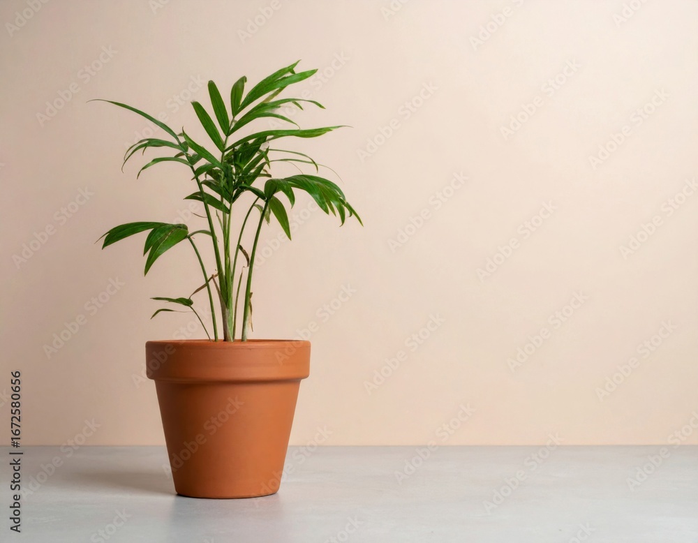 Fototapeta premium Small Areca Palm in Terracotta Pot Against Beige Wall on Gray Surface