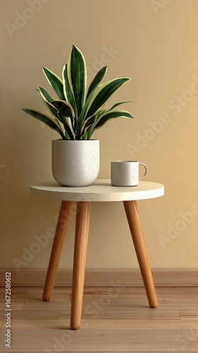 Stylish Indoor Plant Arrangement on a Wooden Table With a Ceramic Cup and a M...