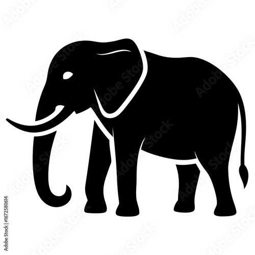 A striking black silhouette of an african elephant with its trunk curled and tusks visible against a clean white background