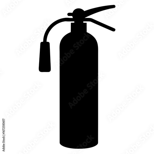 Simple black silhouette of a fire extinguisher with a hose and nozzle against a clean white background