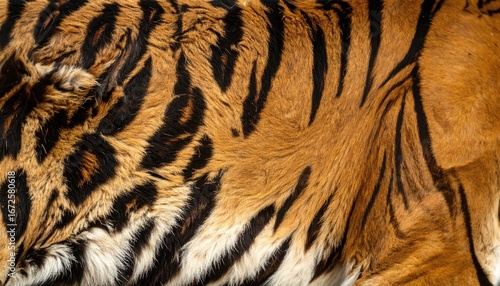 Close-up view of a tiger's fur, showcasing its intricate stripes and texture.