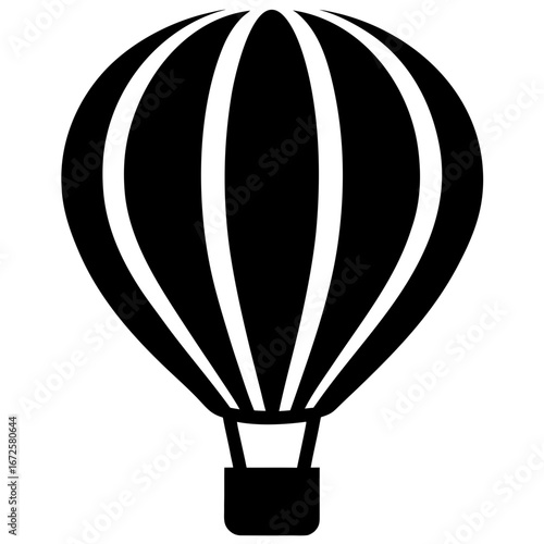 Simple black silhouette of a hot air balloon with a basket against a white background representing travel and adventure