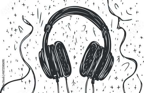 Black and white hand-drawn illustration of headphones surrounded by music notes and sound effects