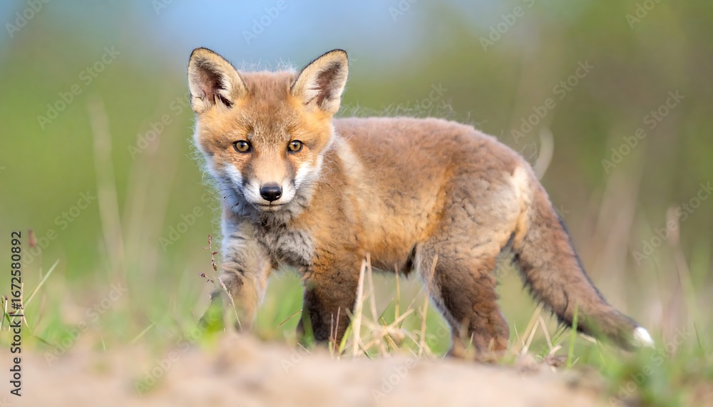Obraz premium Curious fox cub exploring in grassy terrain during springtime adventure outdoors