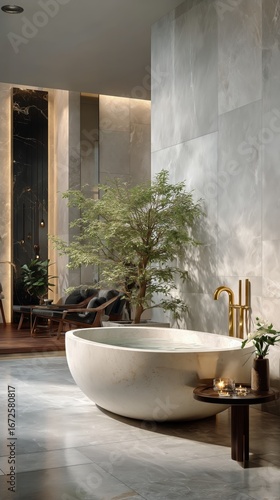 Elegant Bathroom Design Featuring a Freestanding Tub and Greenery in a Modern...