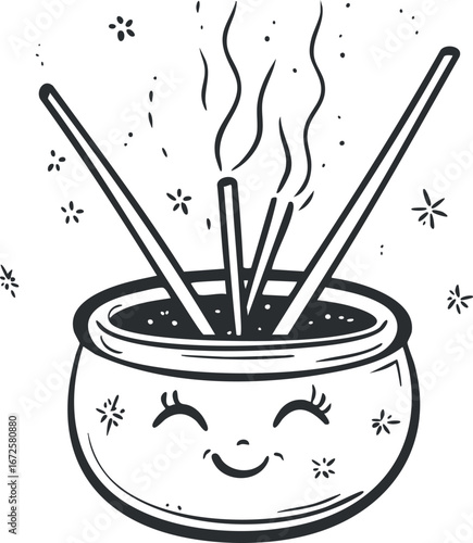 Black and white line art illustration of a smiling incense holder with burning incense sticks producing aromatic smoke