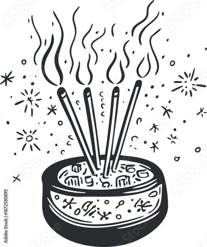Black and white hand-drawn illustration of burning incense sticks with smoke and decorative elements symbolizing relaxation and spirituality