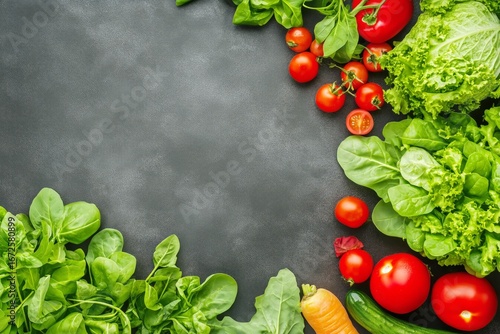 Fresh Greens and Ripe Tomatoes Arranged on a Dark Kitchen Surface for Healthy...