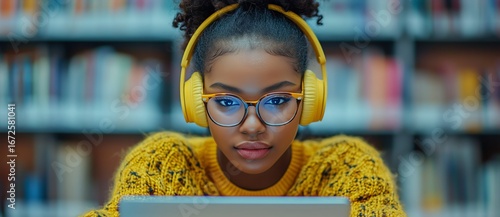 Young Woman Studying in Library While Wearing Headphones and Using Laptop.