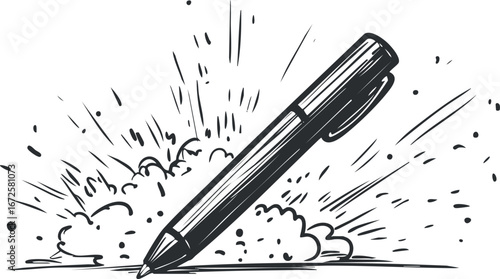 Black and white illustration of a pen drawing or writing with dynamic ink splashes around the tip