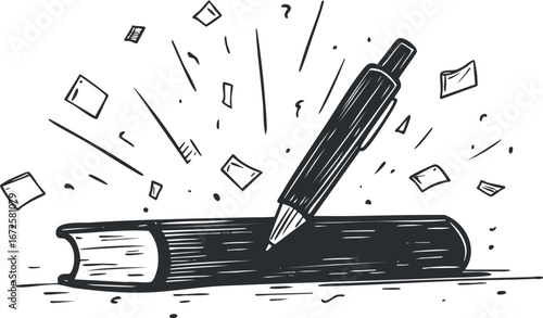 Hand drawn black and white illustration of a pen writing on a closed book with scattered paper pieces around.