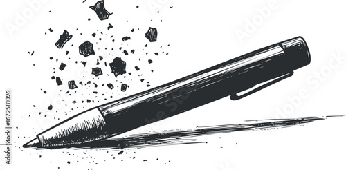 Black ink sketch of a pen lying on a surface with ink splatters and sketch lines