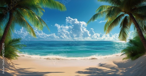 Tropical Beach With Palm Trees and Clear Blue Water on a Sunny Day.