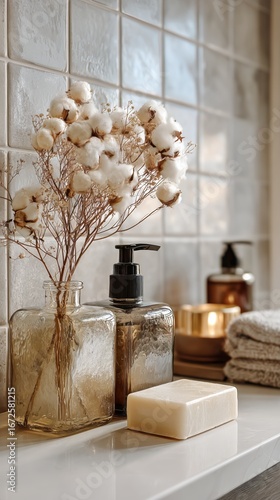 Elegant Bathroom Decor Featuring Floral Arrangement and Scented Essentials on...