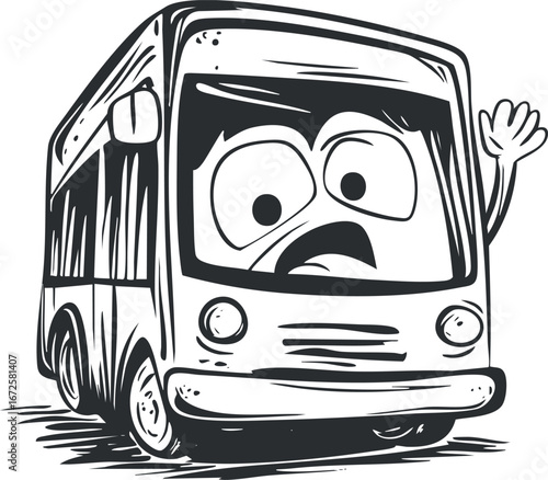 Black and white cartoon illustration of a friendly bus with expressive eyes waving hand