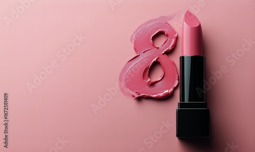 Colorful Number Eight Made of Lipstick Beside a Vibrant Pink Lipstick on a Sm...