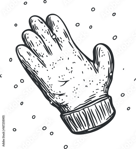 Hand-drawn illustration of a warm winter glove mitten with knit cuff surrounded by falling snowflakes