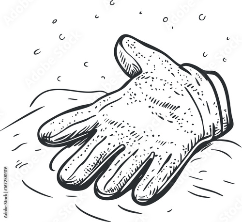 Black and white line drawing of a winter glove lying on snow with snowflakes falling