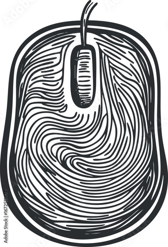 Black and white line art illustration of a wired computer mouse with detailed contour lines