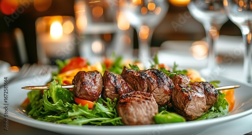 Grilled Skewers Served on a Fresh Salad With Vibrant Vegetables in a Cozy Din...