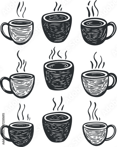 Hand-drawn black and white vector illustration of nine steaming coffee cups and mugs in various styles and shapes