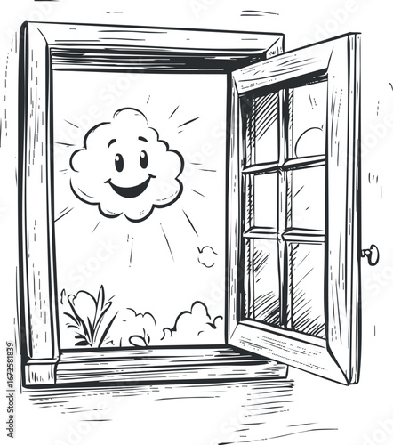 Black and white sketch of an open wooden window with a smiling cloud outside in a sunny sky.