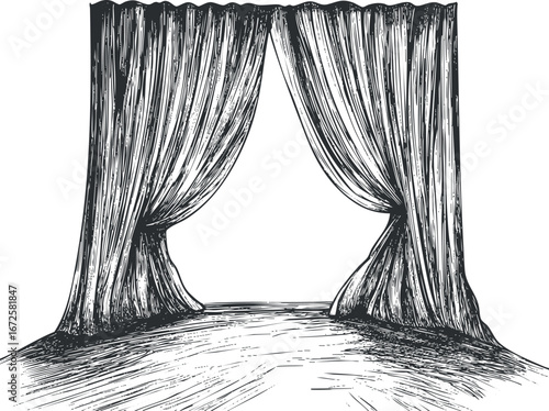 Black and white sketch of theater stage with curtains opening for performance or presentation